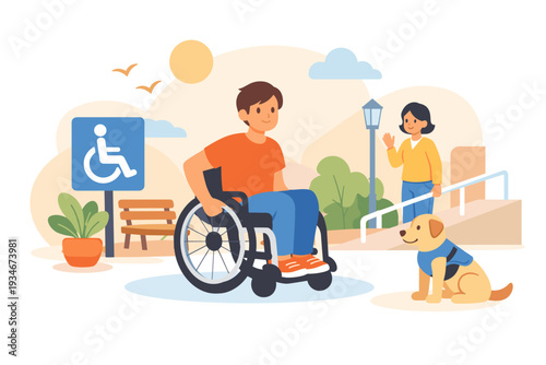 Boy in wheelchair enjoys time outdoors with dog and friend in park