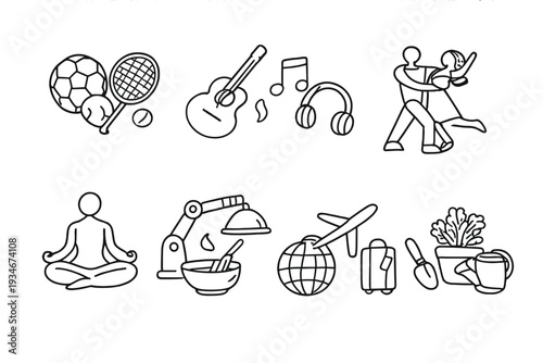 Various activities and hobbies in simple line art style showing sports