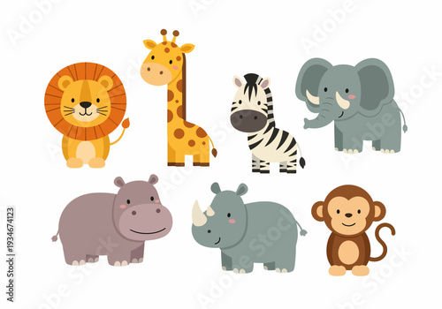Cartoon Lion Giraffe Zebra Elephant Hippopotamus Rhinoceros Monkey.
