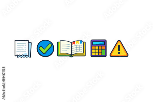 Various icons representing tasks like checking recording calculating