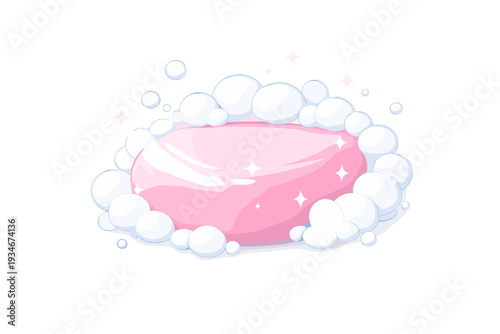 Pink soap bar surrounded by bubbles on a white background showing