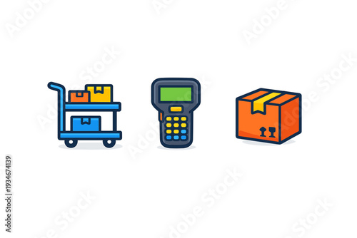 Items on a cart a barcode scanner and a cardboard box in a work