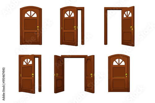 Different types of brown doors shown with various positions and