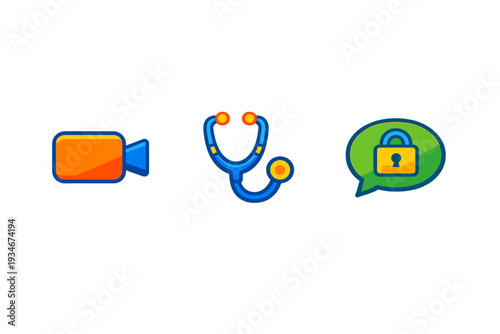 Icons representing telemedicine tools like video call stethoscope and