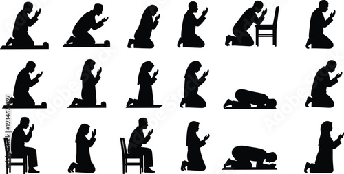 Muslim prayer silhouettes, Islamic salah positions, men and women praying, kneeling prostration poses, spiritual worship illustration isolated on white