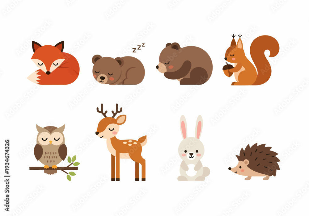 Obraz premium Collection of Cartoon Forest Animals Sleeping.