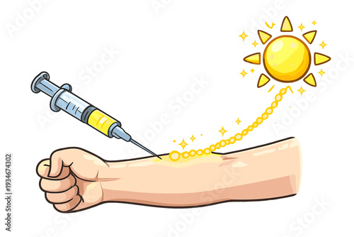 Syringe injecting sunlight into arm for health benefits during a