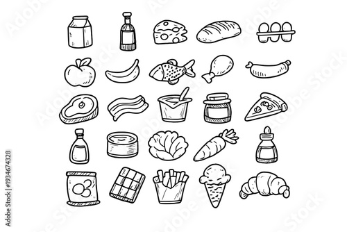 Doodles of various food items and drinks arranged in a grid pattern