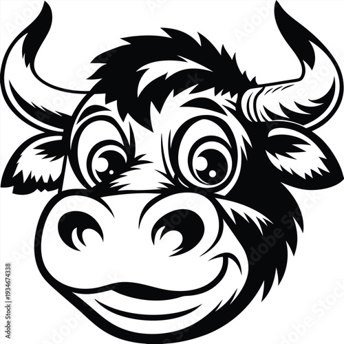 An endearing bull cartoon has a big smile showing its cheerful, whimsical character
