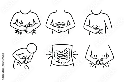 Symptoms of abdominal discomfort shown in six illustrations with