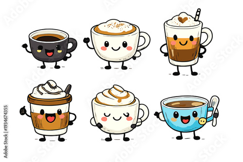 Cute cartoon coffee cups with faces and limbs in various styles and