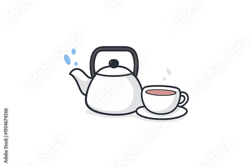 Kettle boiling water next to a cup on a saucer at a simple kitchen