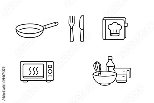 Cooking tools and kitchen items are arranged in a simple layout