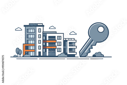 Buildings and a key showing the concept of home ownership and property