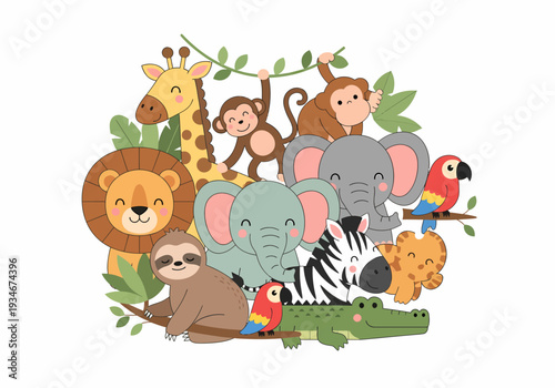Cartoon Animals Gathering Around Elephant.