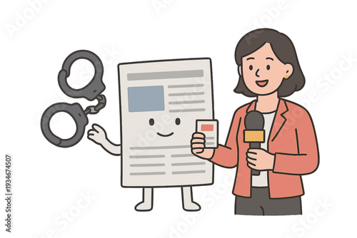 News report on crime with reporter and handcuffs character at a press