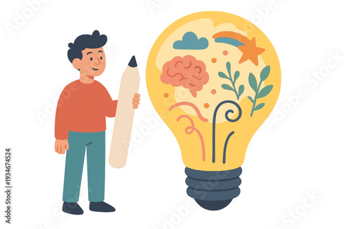Young person holding a pencil next to a light bulb with creative ideas