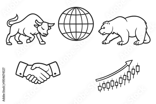 Market trends shown with bull and bear symbols globe handshake and