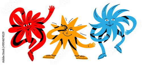 Cheerful anthropomorphic sun characters in bold red, yellow and blue tones. Funky retro cartoon style with expressive faces and dynamic poses creates joyful summer energy and playful vibes.