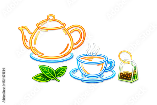 Tea pot and cup with tea bag and leaves on white background during
