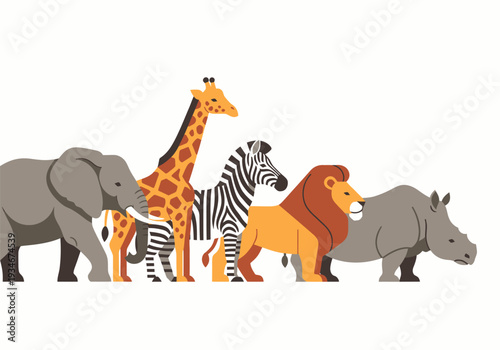 Elephant, Giraffe, Zebra, Lion and Rhinoceros.