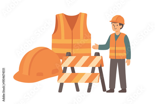 Construction worker stands next to safety gear and equipment in a work