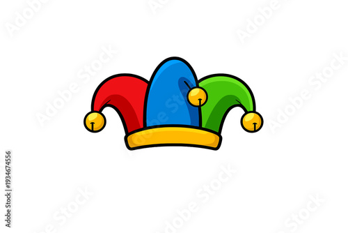 Colorful jester hat with red blue and green sections and yellow bells