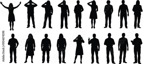 People silhouettes set, casual men and women standing poses, group of persons waving and talking on phone, isolated black figures.
