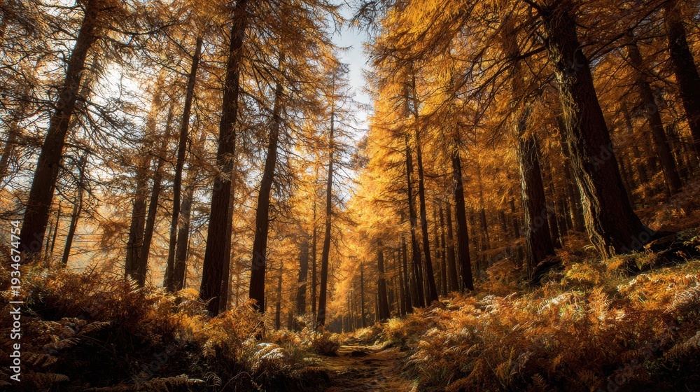 Fototapeta premium Golden autumn forest path sunlight illuminating trees