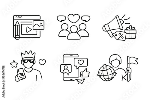 Icons representing social media interactions digital content creation