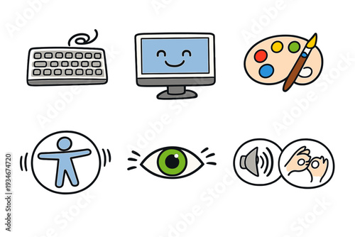 Icons representing computer use creativity accessibility and