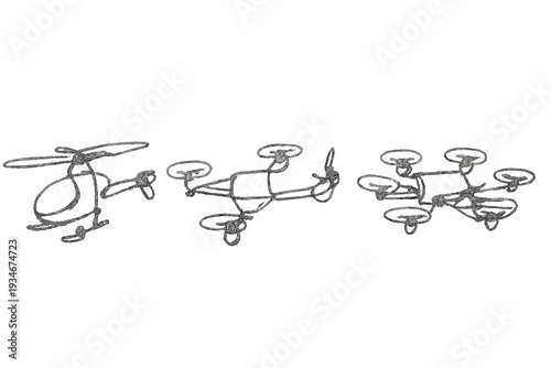Different types of flying drones and helicopters displayed side by
