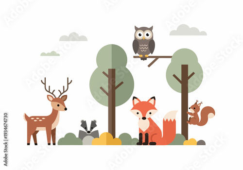 Cartoon Forest Animals Deer Fox Owl Squirrel.