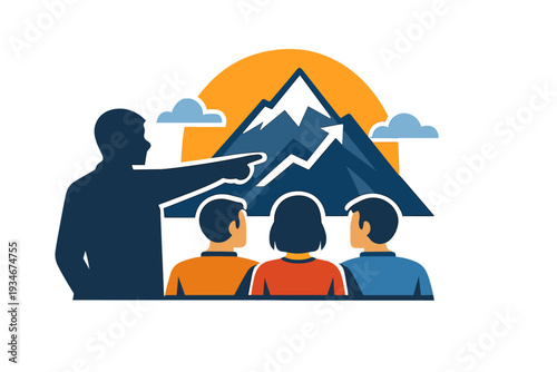 Group of people listening to a guide point out a mountain during a