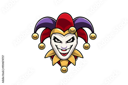 Mask design with vibrant colors and features of a jester character in