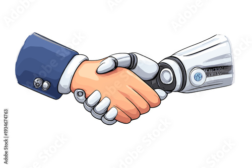 Robot and human shake hands in agreement on technology and