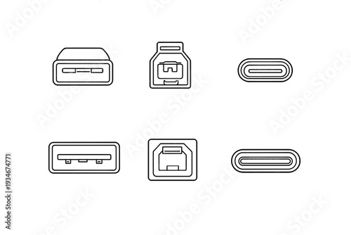 Different types of connectors and ports shown in black line drawings