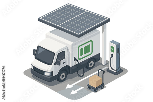 Electric delivery truck at solar charging station with package ready
