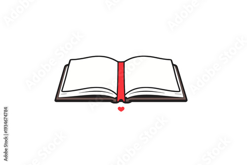Open book with red spine and heart detail displayed on a plain