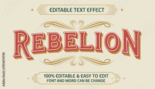 Vintage Rebellion editable text effect with Victorian ornaments and retro typography, perfect for posters, invitations, branding, social media, and creative design projects.