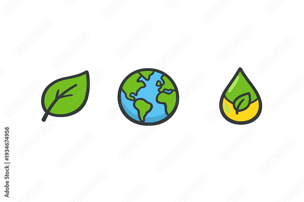 Obraz premium Green leaf earth globe and water drop symbols illustrating nature and