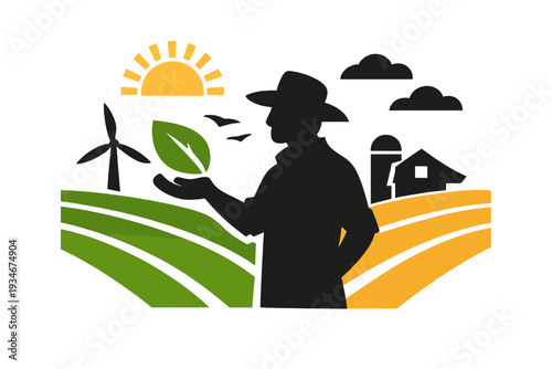 Farmer holds green leaf while standing in fields with sun wind turbine