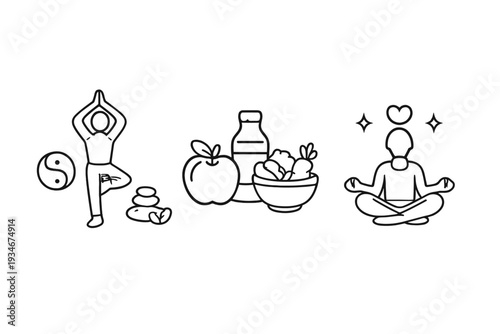 Yoga healthy food and meditation practice for wellness benefits during