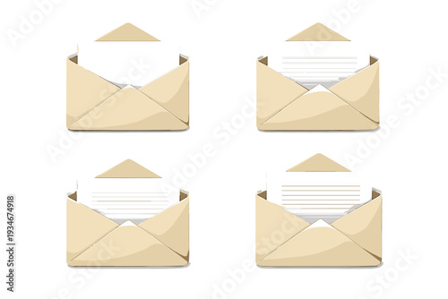 Four envelopes open with letters visible showing different content in