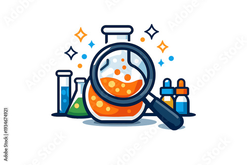 Science experiment with colorful liquids and magnifying glass on a