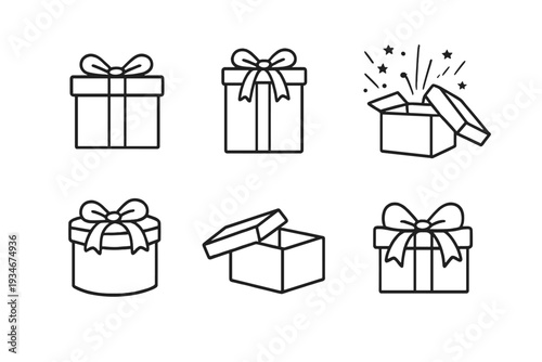 Different views of gift boxes with bows and open box revealing items