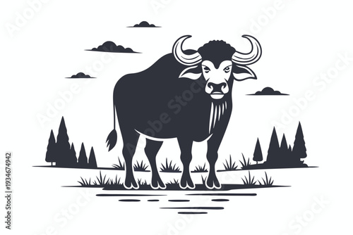A dark silhouette of a cow standing serenely amidst grass with cloudy sky above