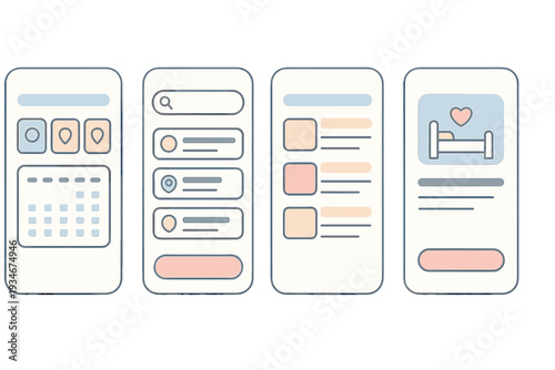 Mobile app design shows four screens for fitness tracking user