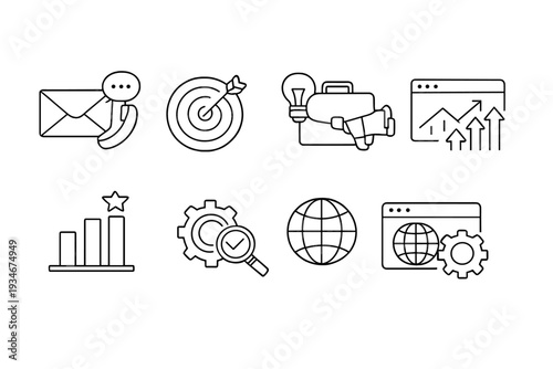 Icons representing business communication strategy tools growth and