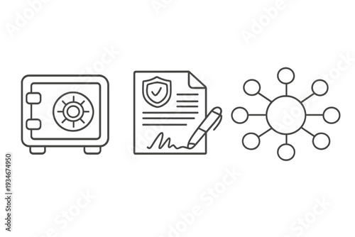 Icon set showing a safe a signed document and a network diagram
